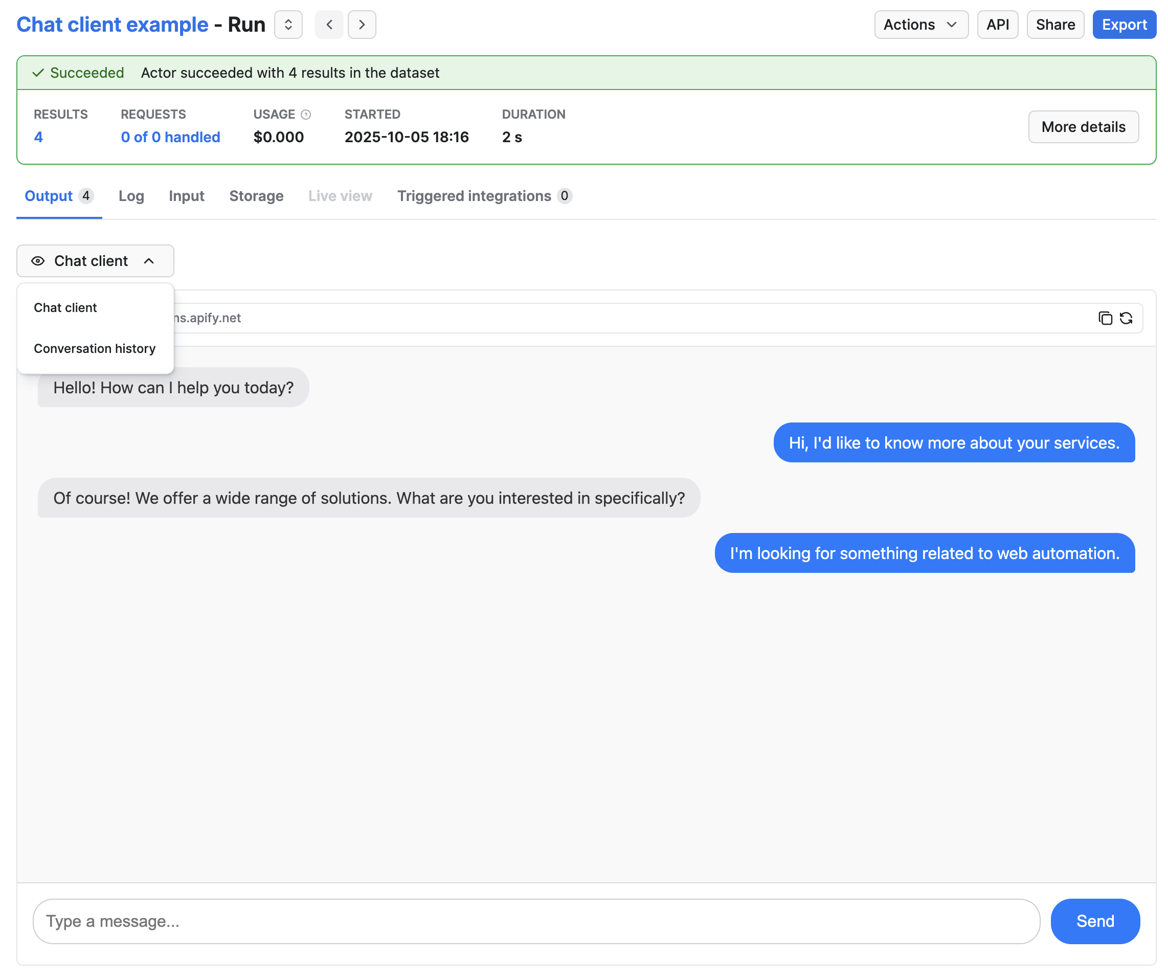 Chat in Output tab